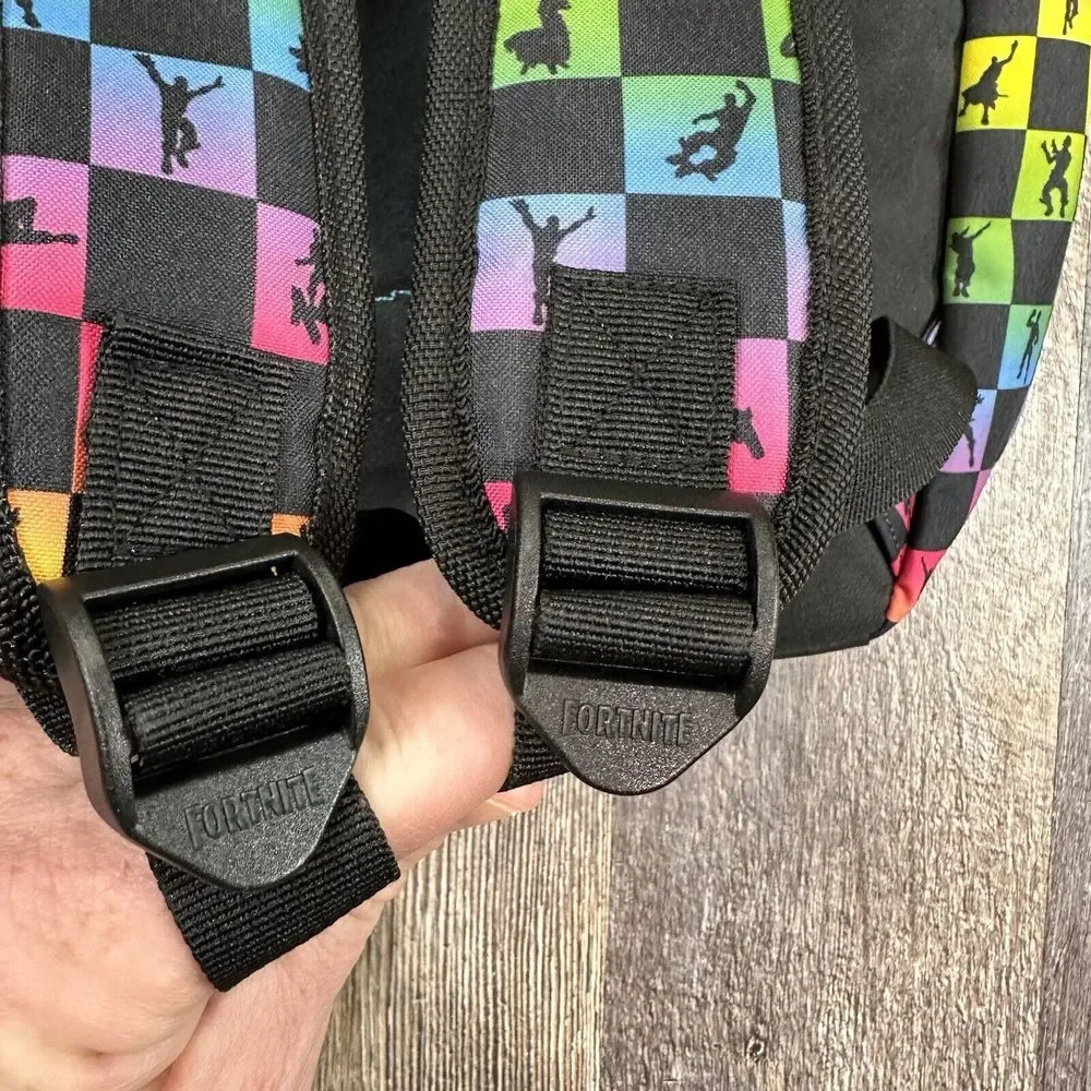 Fortnite Amplify Rainbow‎ Checker Print Children's School Backpack Pockets