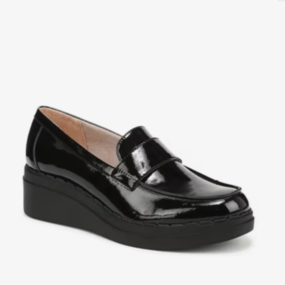 Life Stride Dolce Patent Faux Leather Women's Chunky Black Loafers Size 9W NWT