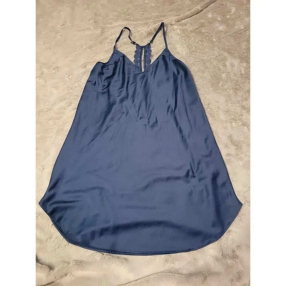 Flora Nikrooz Navy Lace Trim Cami Adjustable Straps Lingerie Top