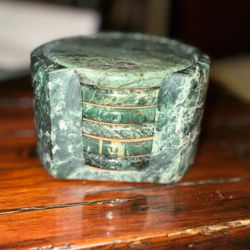 MCM vintage Green Marble Jade Coaster Set