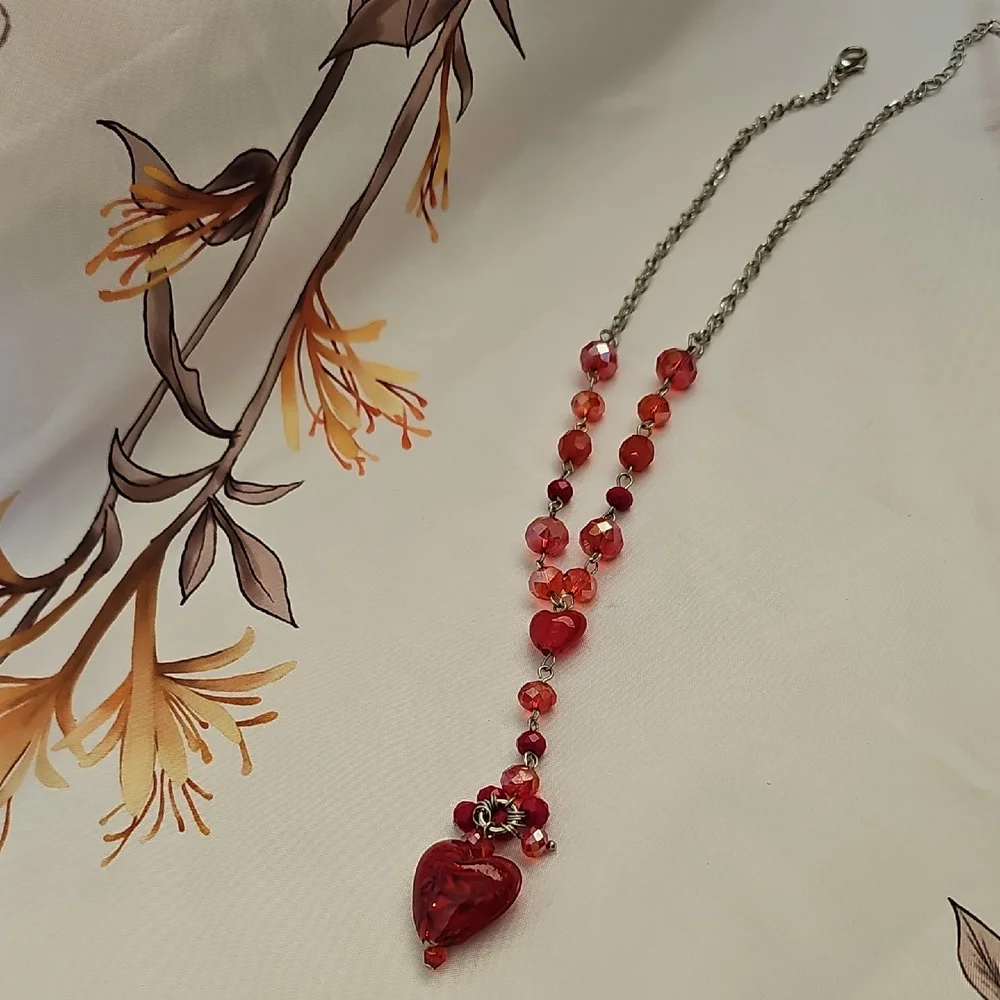 Pier 1 Red Glass Beaded Heart Necklace