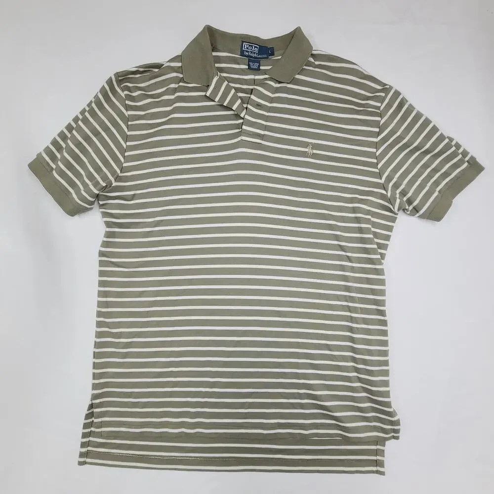 Polo Ralph Lauren men's short-sleeved polo shirt Green White Stripe Cotton L
