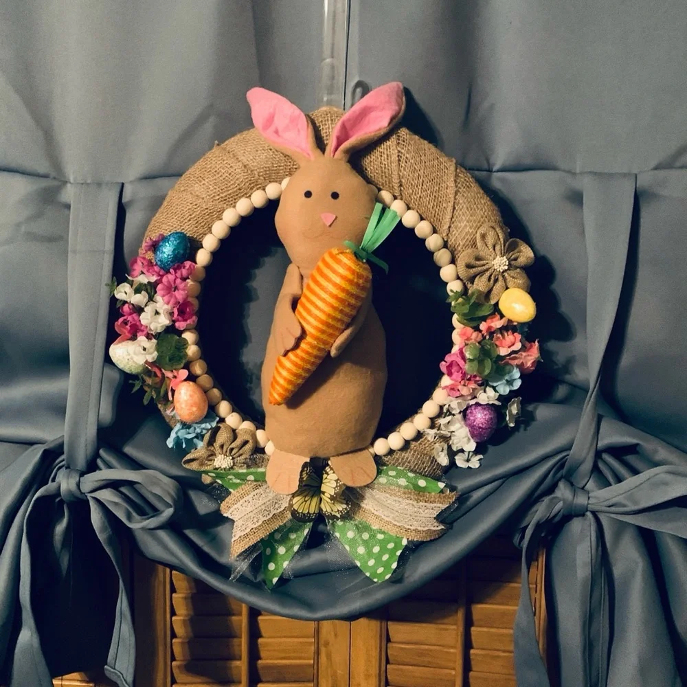 Festive Easter Bunny Wreath with Carrot and Floral Accents