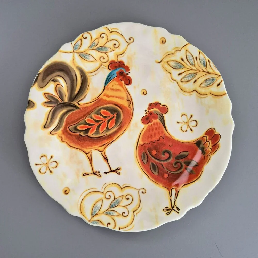 Pier 1 Gallo Dinner Plate, Whimsical Roosters, c2013-15 Discontinued Replacement