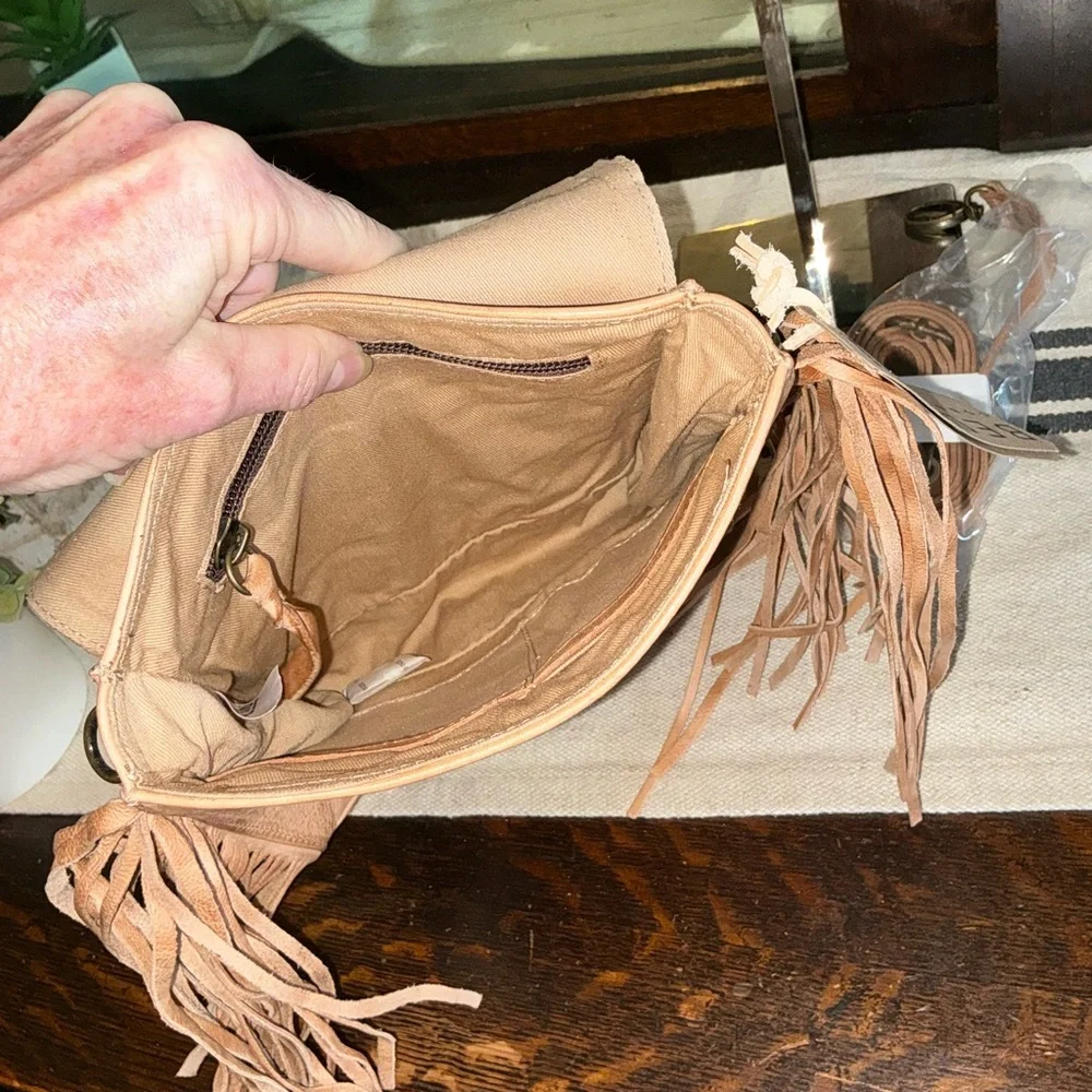 NWT Bed Stu Fringe Leather Hidden Crossbody Bag Handbag Tan DD  Retail $245