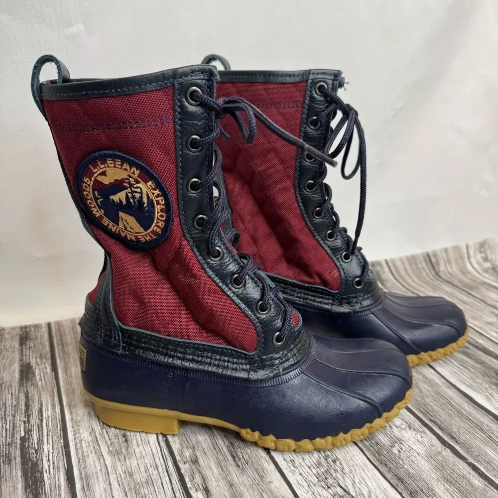 Women's LL Bean Explore the Maine Quilted Duck Boots 6 Navy Burgundy Tan
