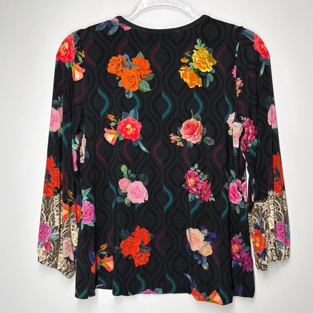 Johnny Was Floral Lace Cuff Long Sleeve Top Black Rose Geometric M18223-6 XS