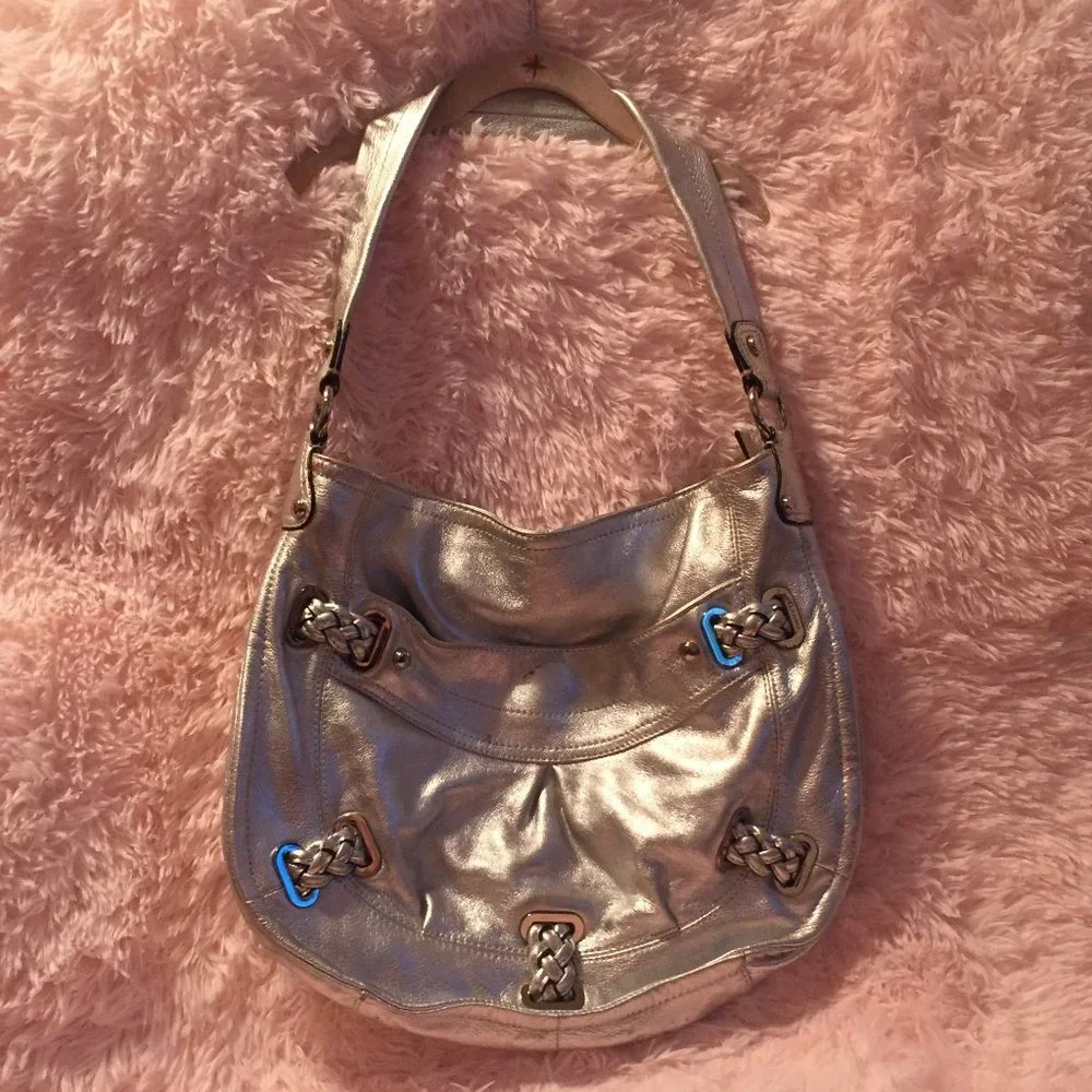 B. Makowski Silver Metallic Leather Hobo Shoulder Bag Purse