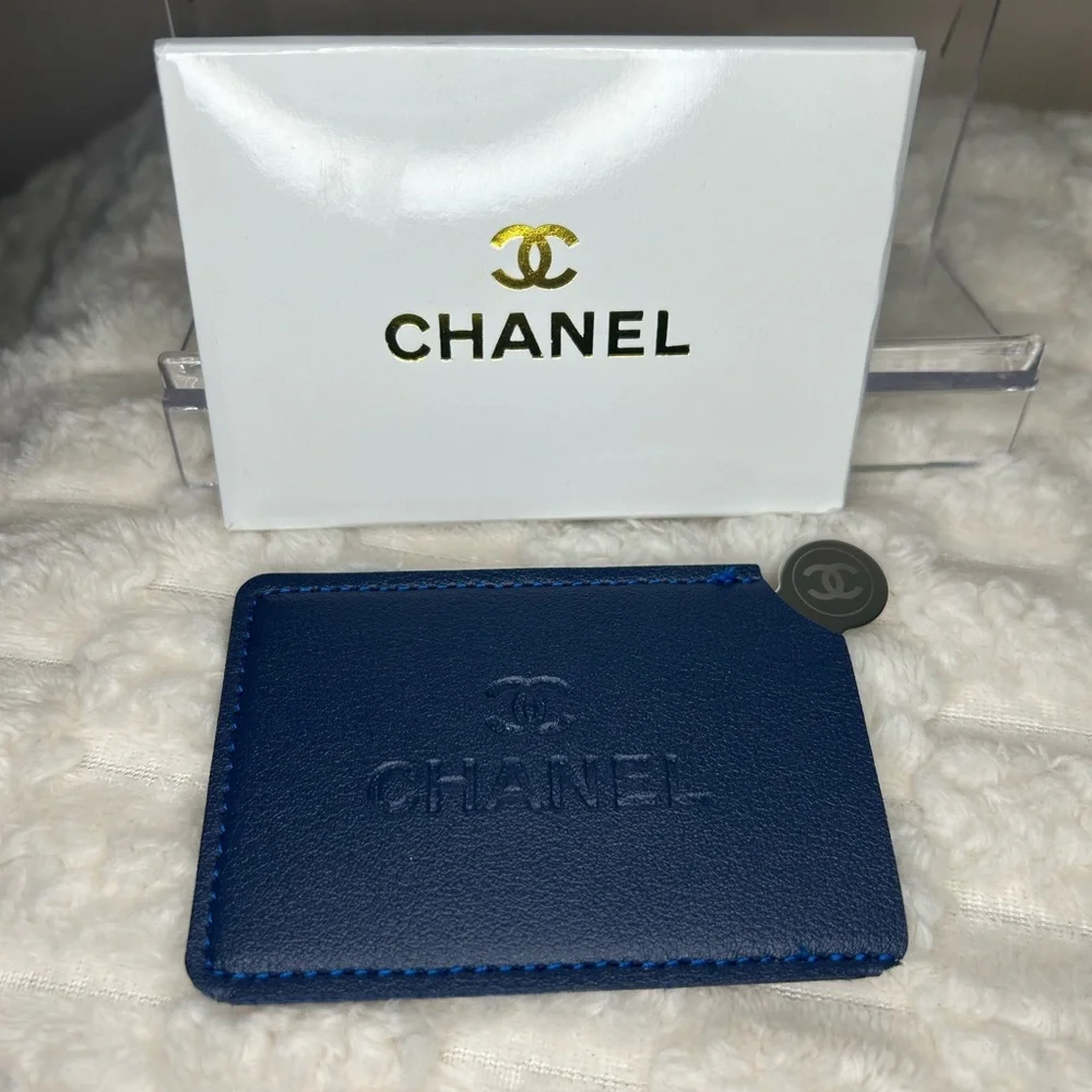 CHANEL Navy Mirror & Card Holder with Embossed Logo