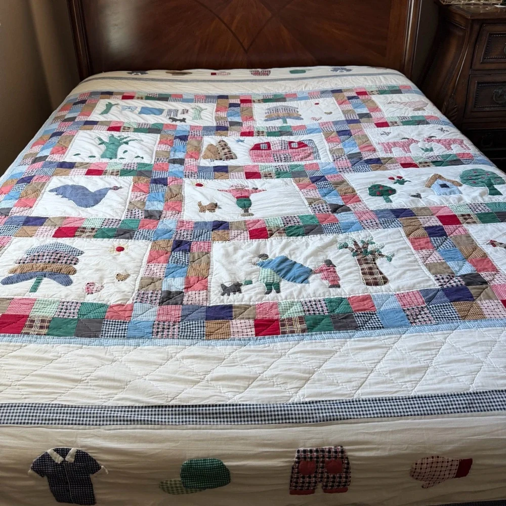 Vintage Appliqué Farm Scene Quilt 100” x 88” Patchwork Country Queen
