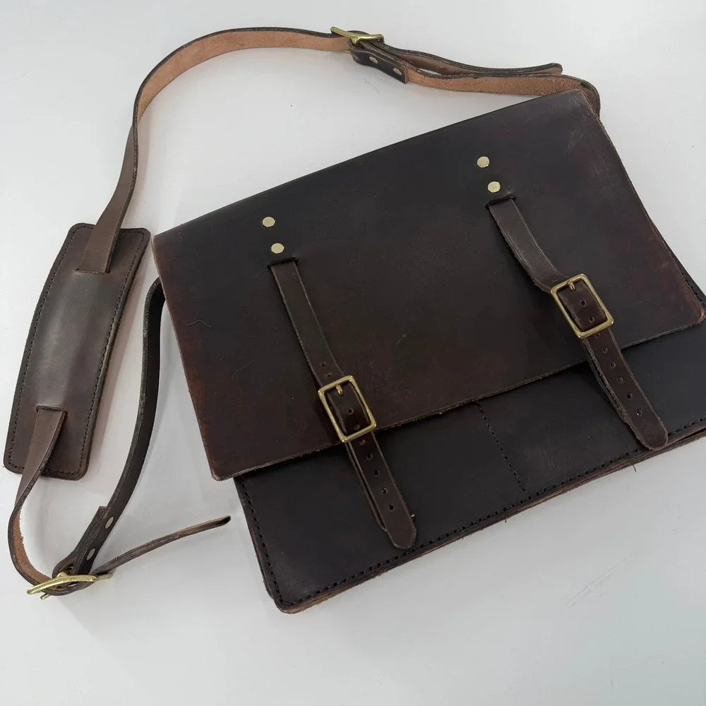 Unbranded Messenger Bag Leather Satchel Modern Unisex Large Dark Brown Shoulder