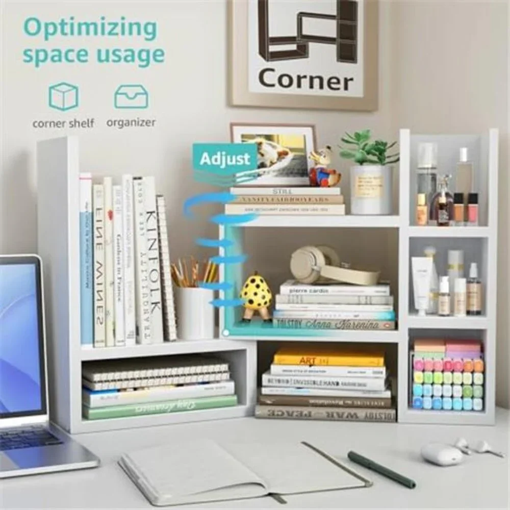 Desk Shelves Desktop Organizer White Office Storage Corner Bookshelf Table Top