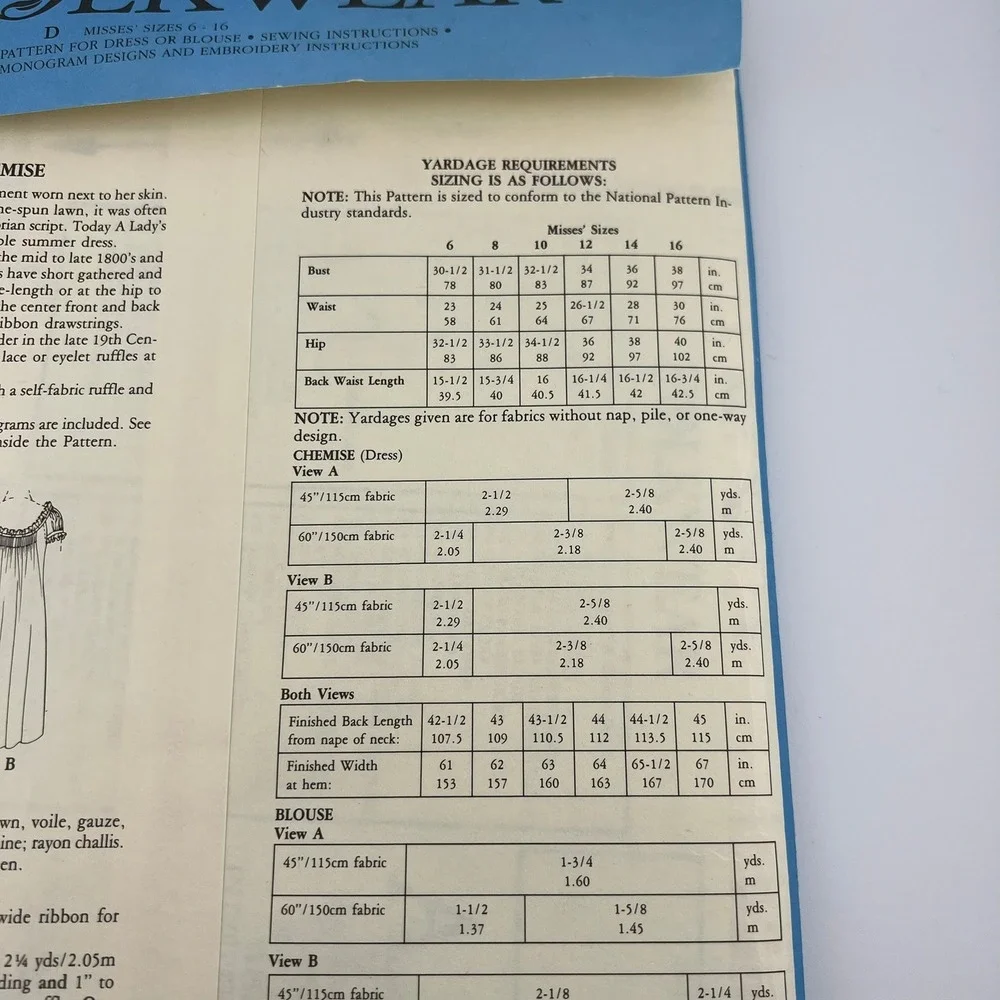 Folkwear 223 A Lady's Chemise Sewing Pattern Misses 6–16 Vintage 1982