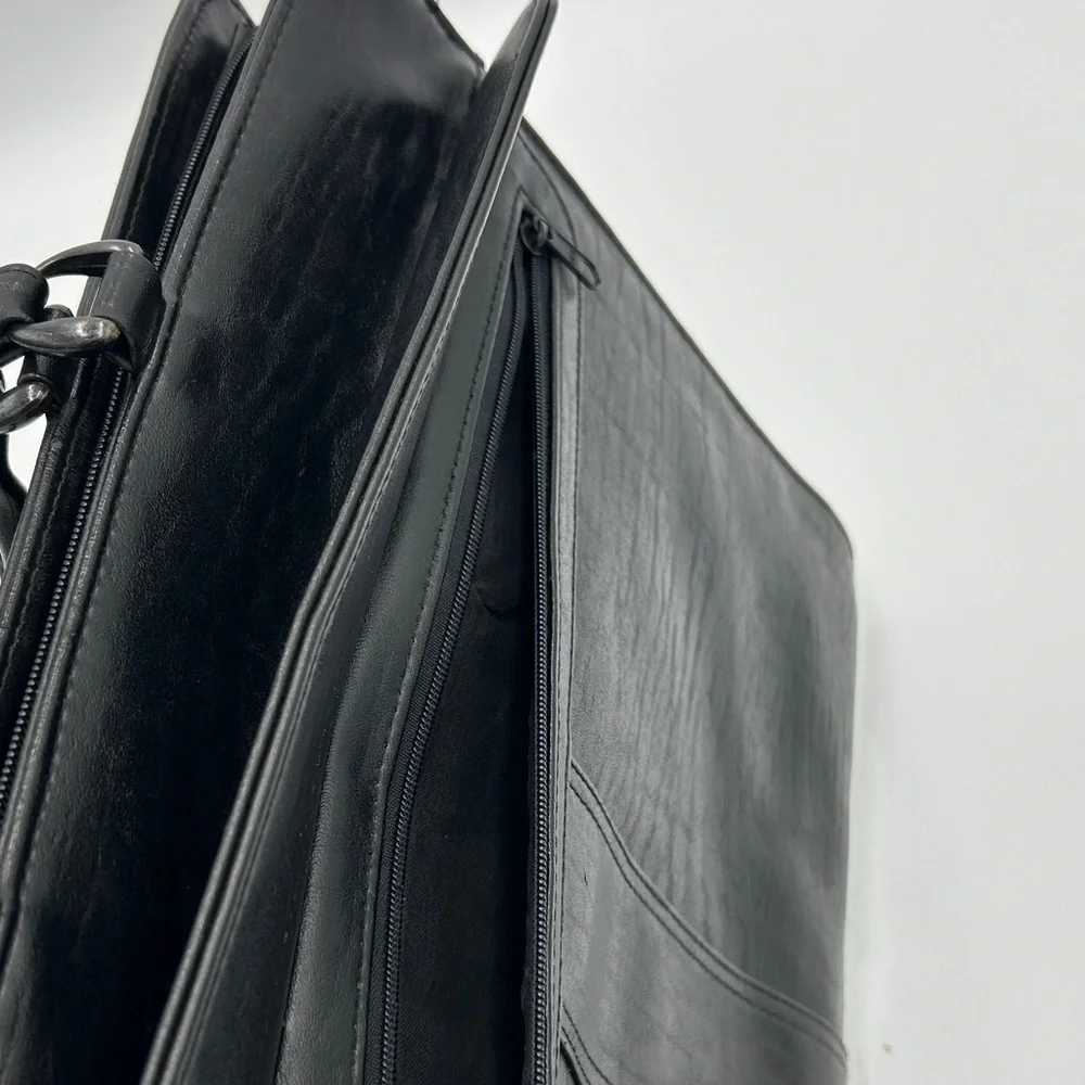 Men's Black Leather Briefcase Softshell Multi Compartment Zipper Professional