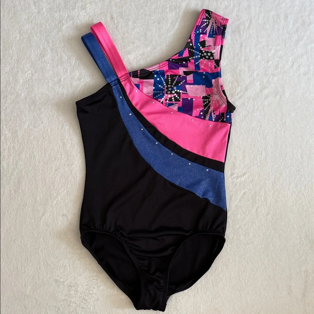 {Danskin} Freestyle | Asymmetrical Strap Geo Gymnastics Dance Leotard (L 10/12)