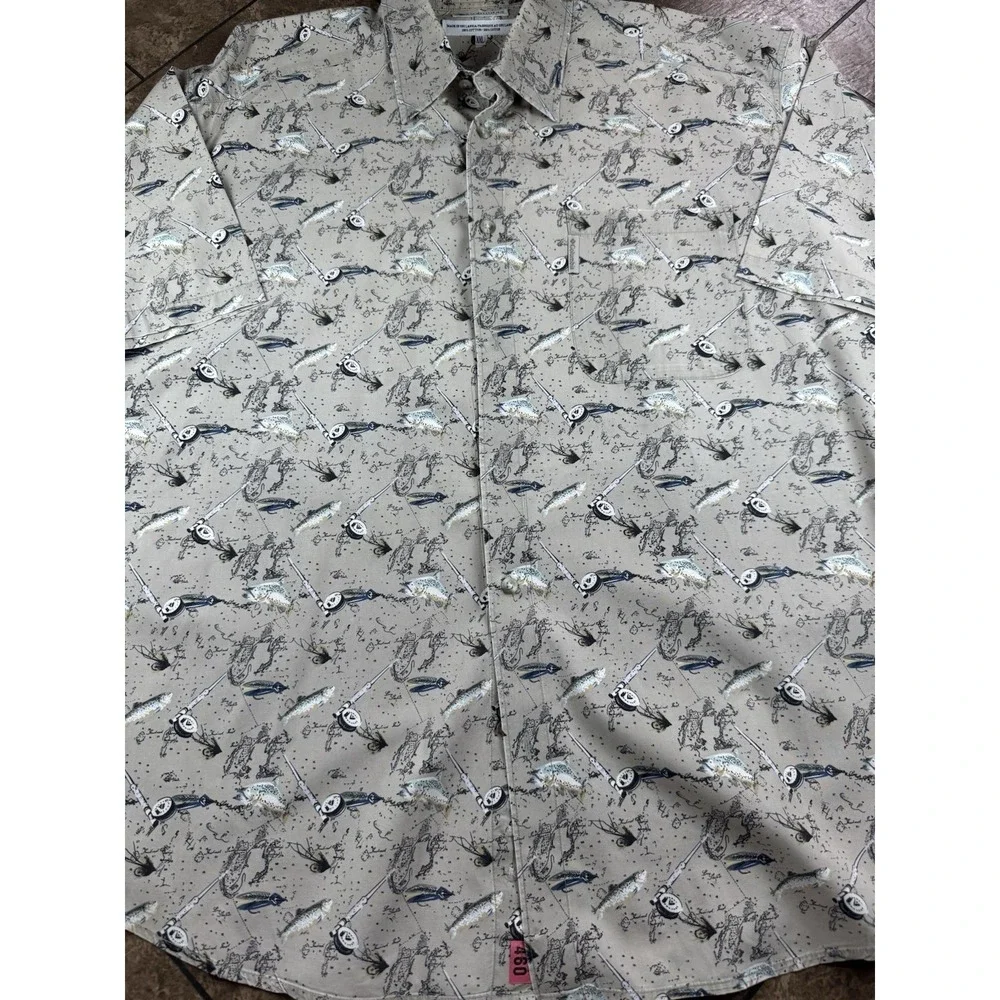 Vintage 90s Columbia Mens 2XL All Over Print Fly Fishing Collared Button Shirt