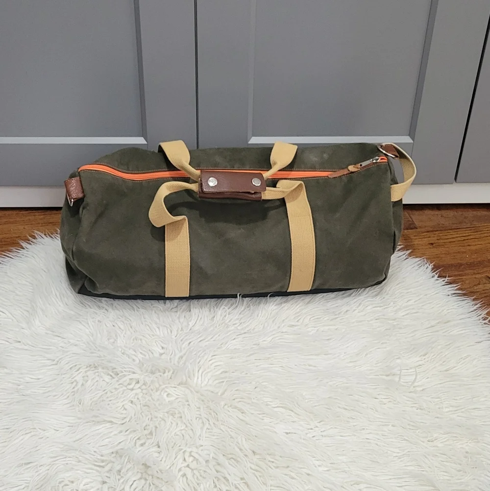 WORK HARD PLAY Olive Green Duffel Bag with Tan Straps