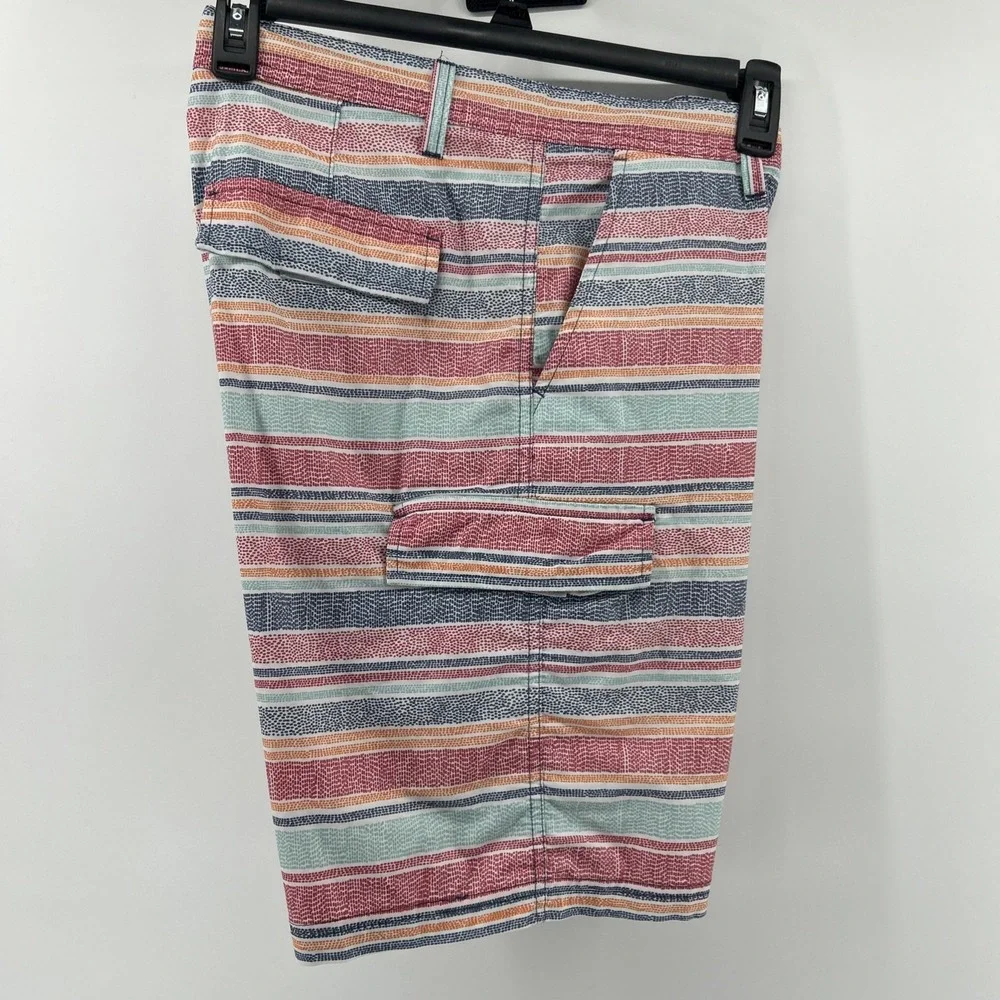 MICROS Shorts Men's 34 Multicolored Stripes Flat Front Lightweight Small Hole