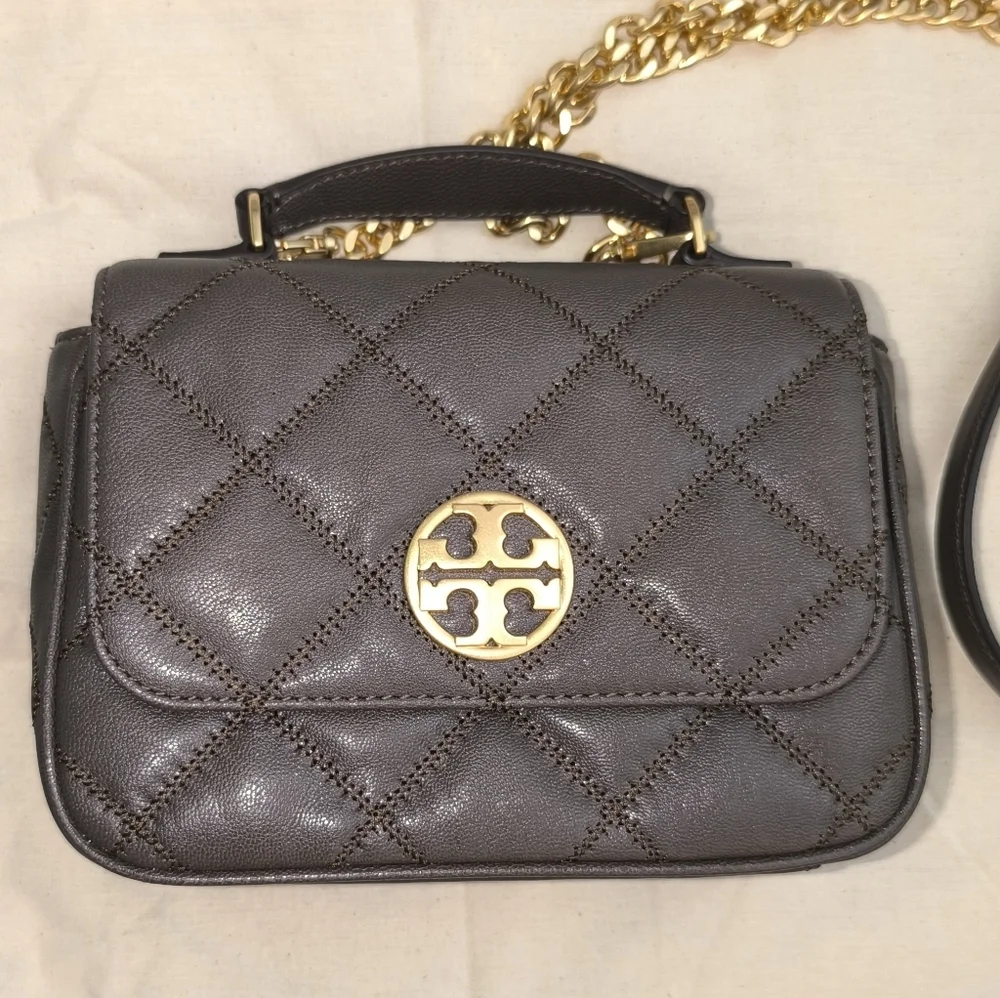Tory Burch Willa Mini Top Handle Bag Volcanic Stone Quilted Leather