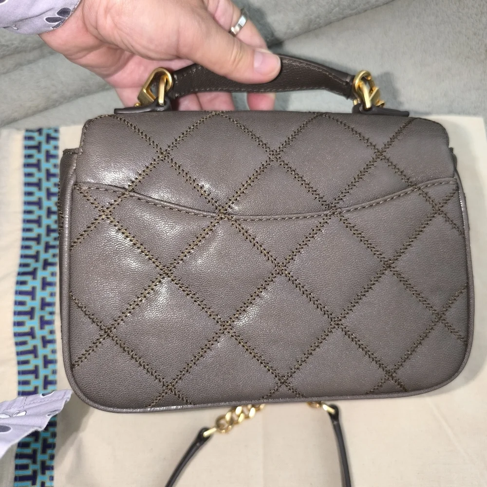 Tory Burch Willa Mini Top Handle Bag Volcanic Stone Quilted Leather