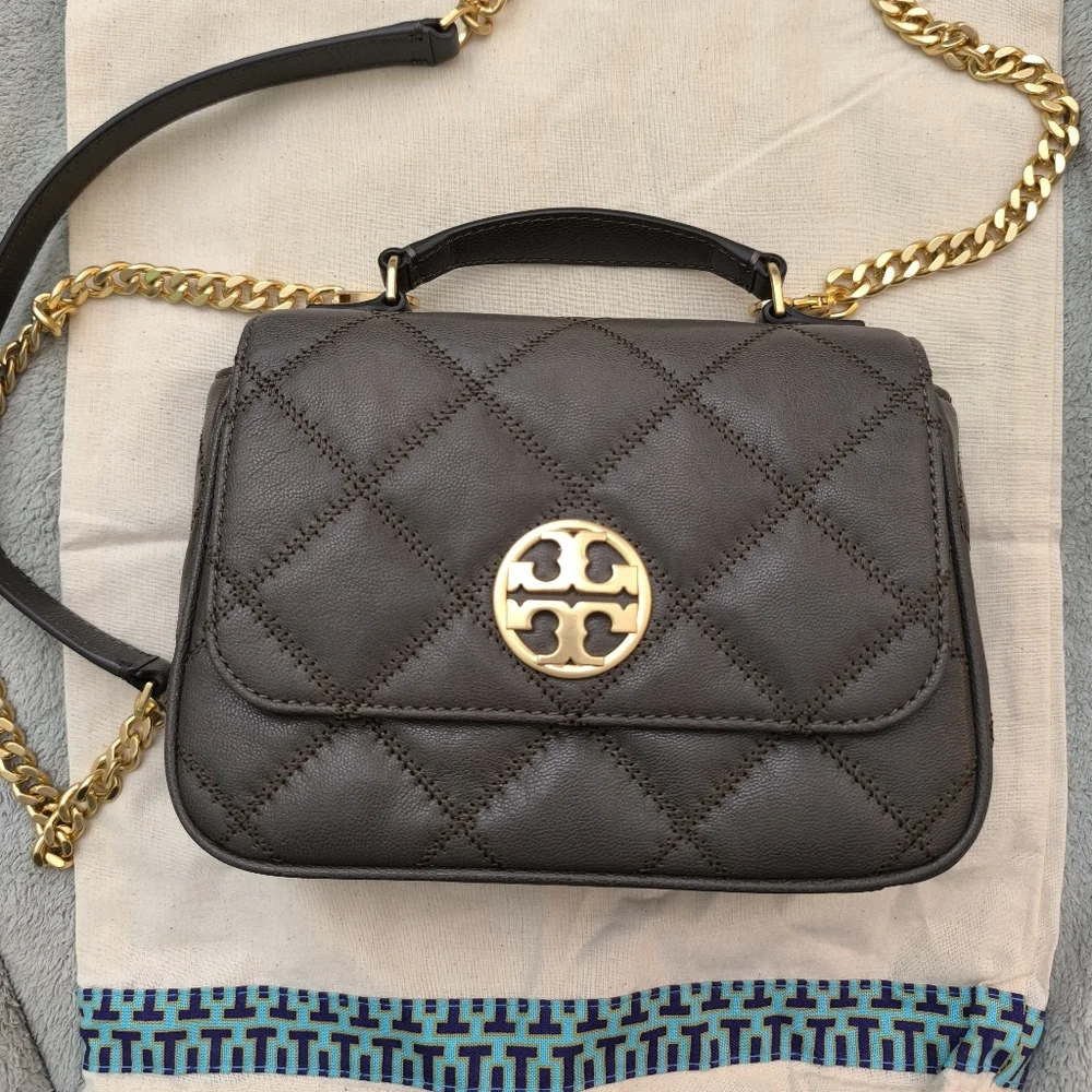 Tory Burch Willa Mini Top Handle Bag Volcanic Stone Quilted Leather