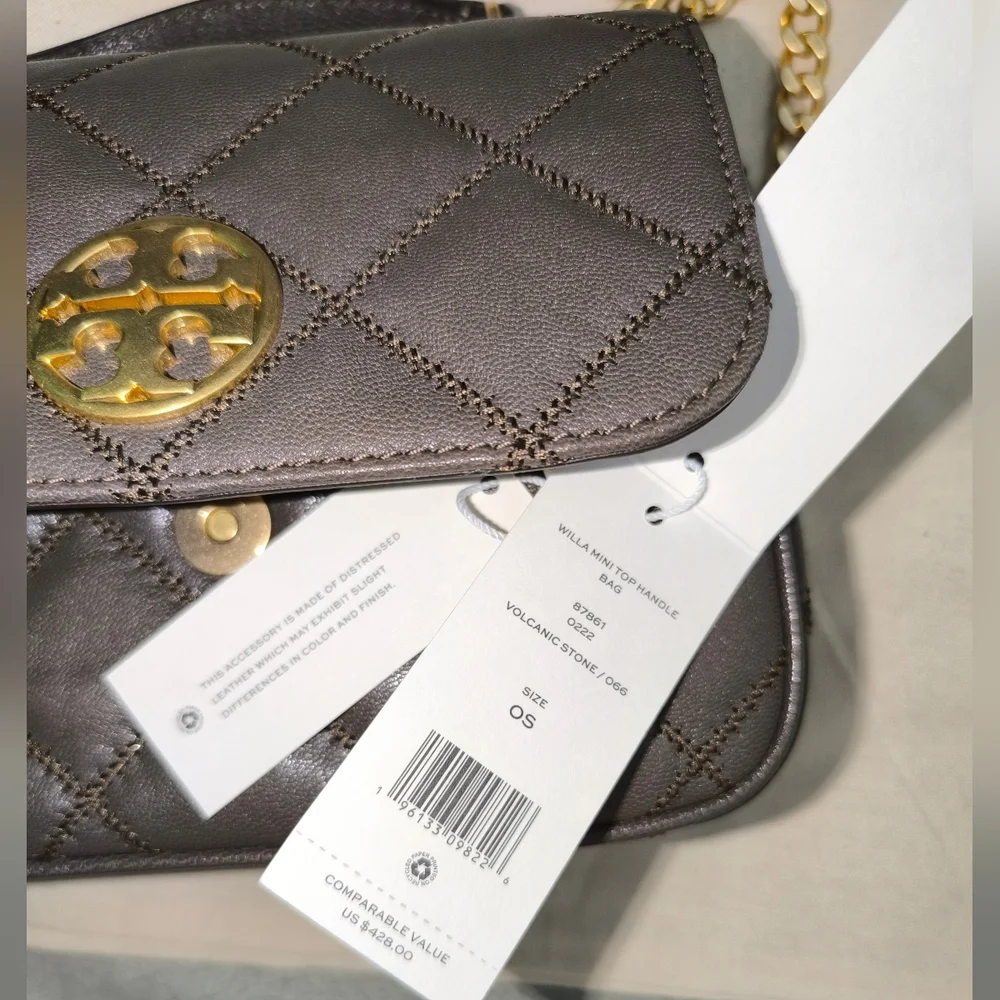 Tory Burch Willa Mini Top Handle Bag Volcanic Stone Quilted Leather