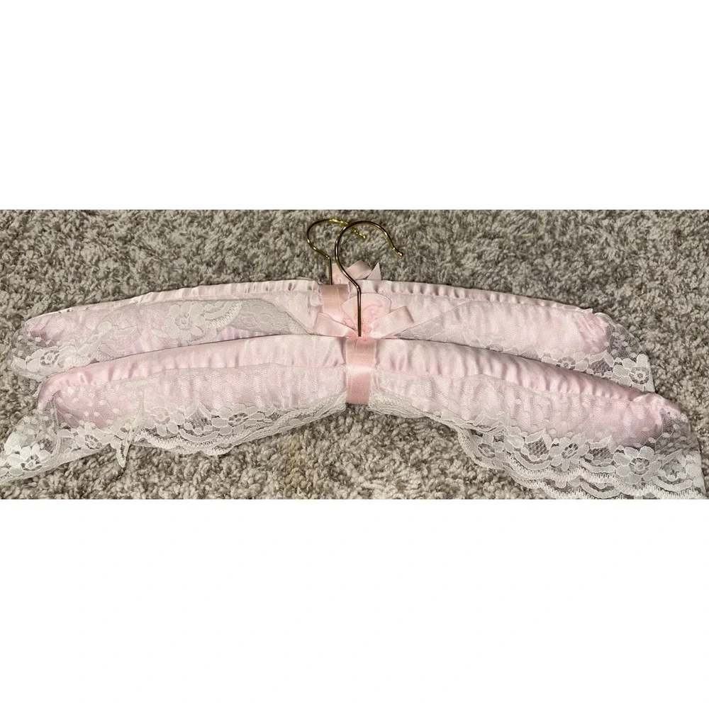 Set of Two Pink Satin and Lace Clothes Hangers Grandma Core Bridal Rosebud