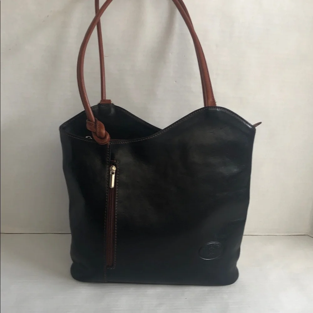 Vera Pelle Italian Leather Black/Brown Shoulder Backpack Bag