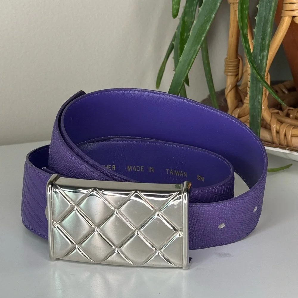 Vintage 80s Purple Leather Waist Belt Quilted Silver Buckle Statement Cinch Belt