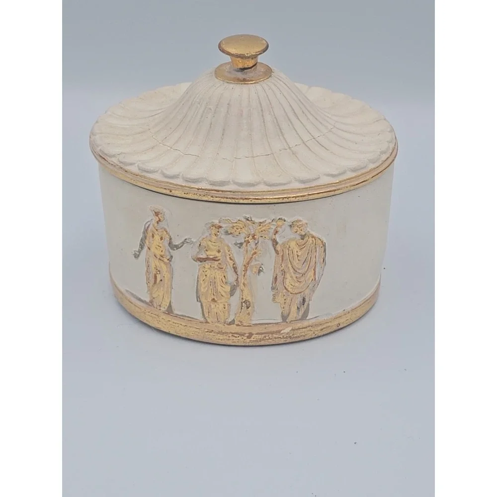 Vintage Borghese Oval Gilt Box Fluted Lid Greek Figures Beige Chalkware Blue