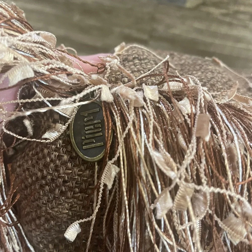 Pier 1 Imports Brown Burlap Woven Throw Pillow with Eyelash Fringe Trim confetti