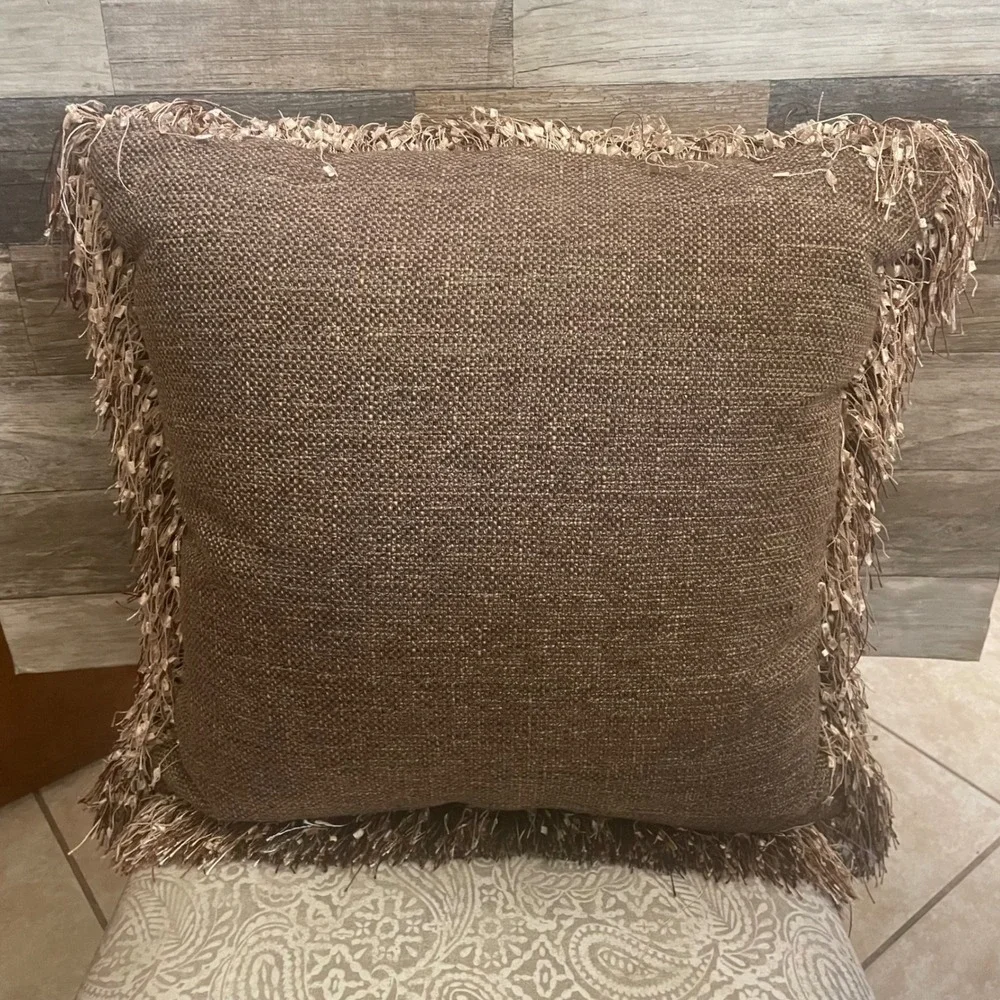 Pier 1 Imports Brown Burlap Woven Throw Pillow with Eyelash Fringe Trim confetti