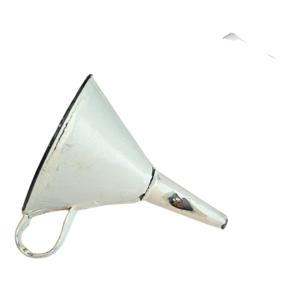 Vintage Small Petite Enamelware Funnel With a Handle Black Trim 4.5