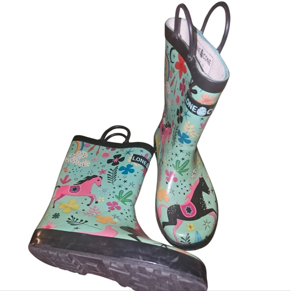 Lone Cone Kids' Mint Floral Horse Rain Boots