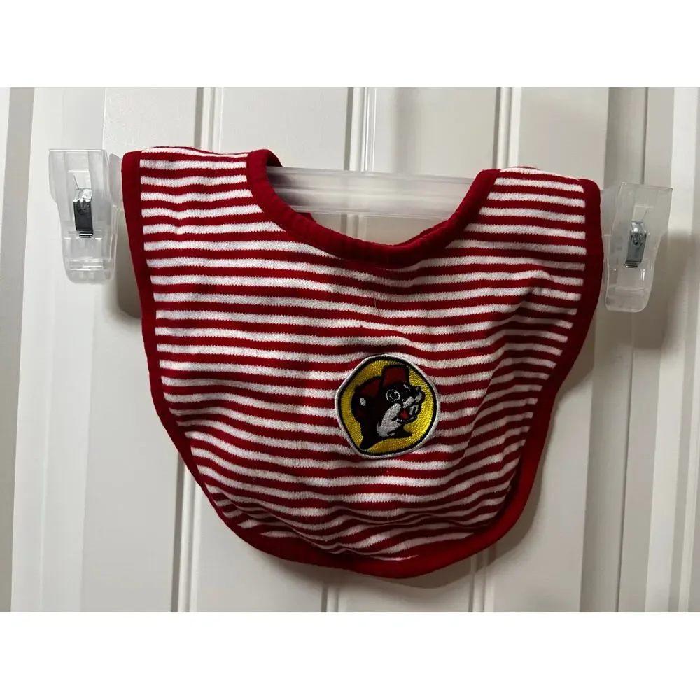 Buc-ee's Red & White Striped Newborn Bib Snap Closure beaver logo embroidery EUC