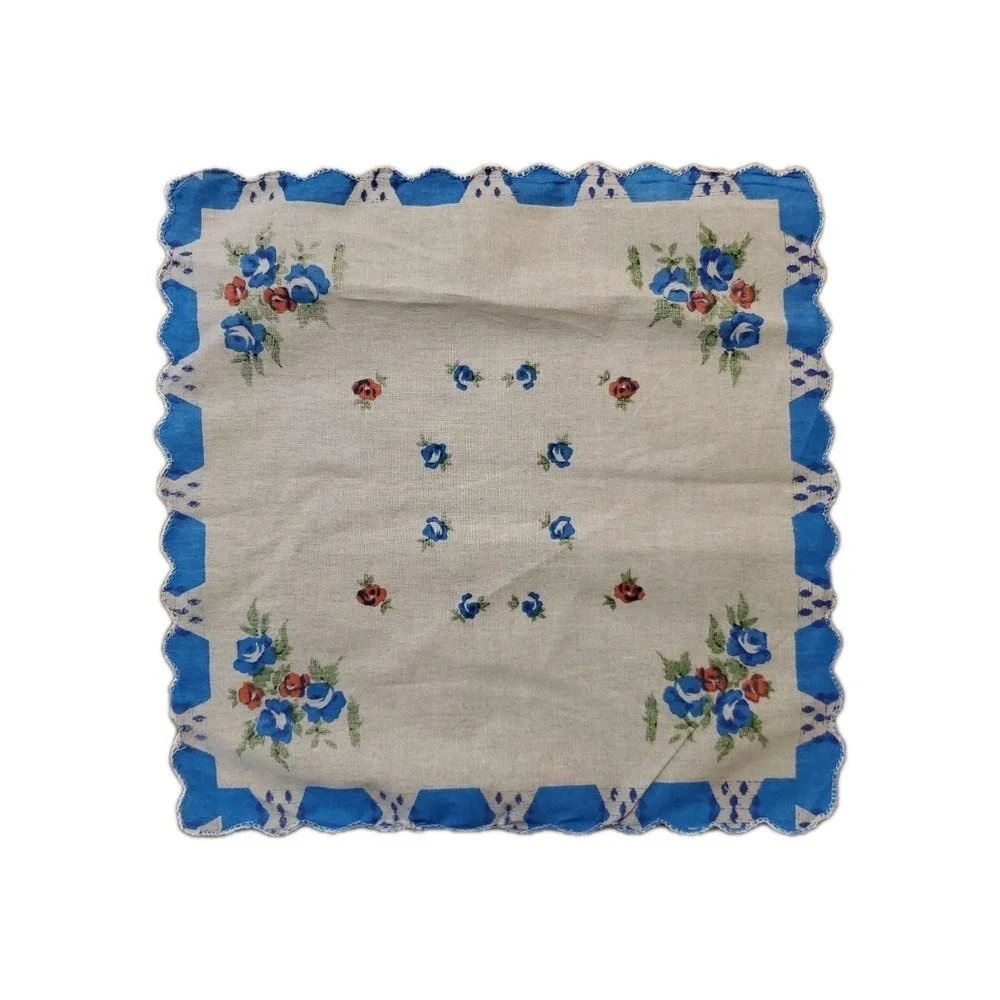 Linen Blue Rose Floral Handkerchief Scalloped Cottage Core Bridesmaid Granny
