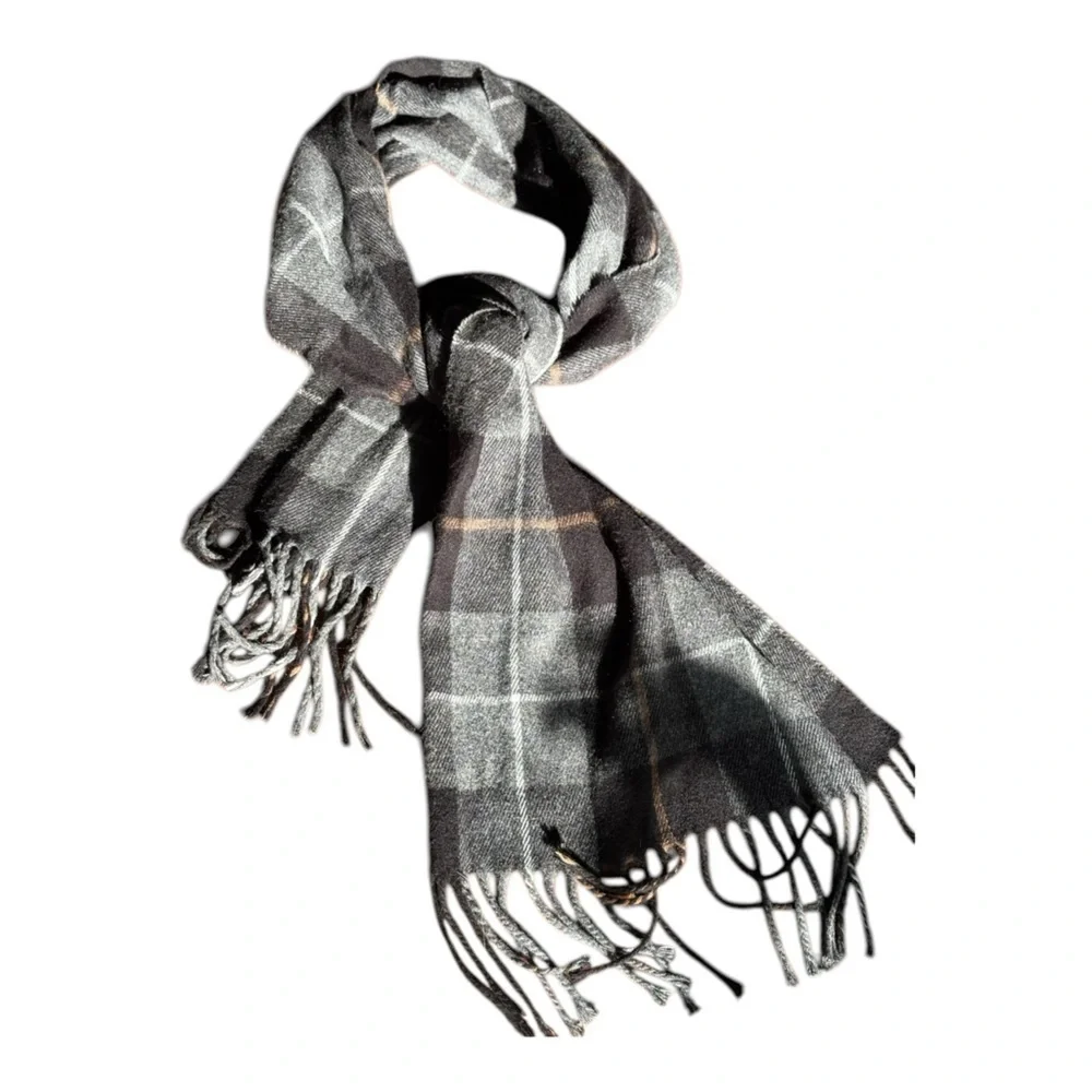 Black and Gray Plaid Knit Scarf with Fringe Made in Italy