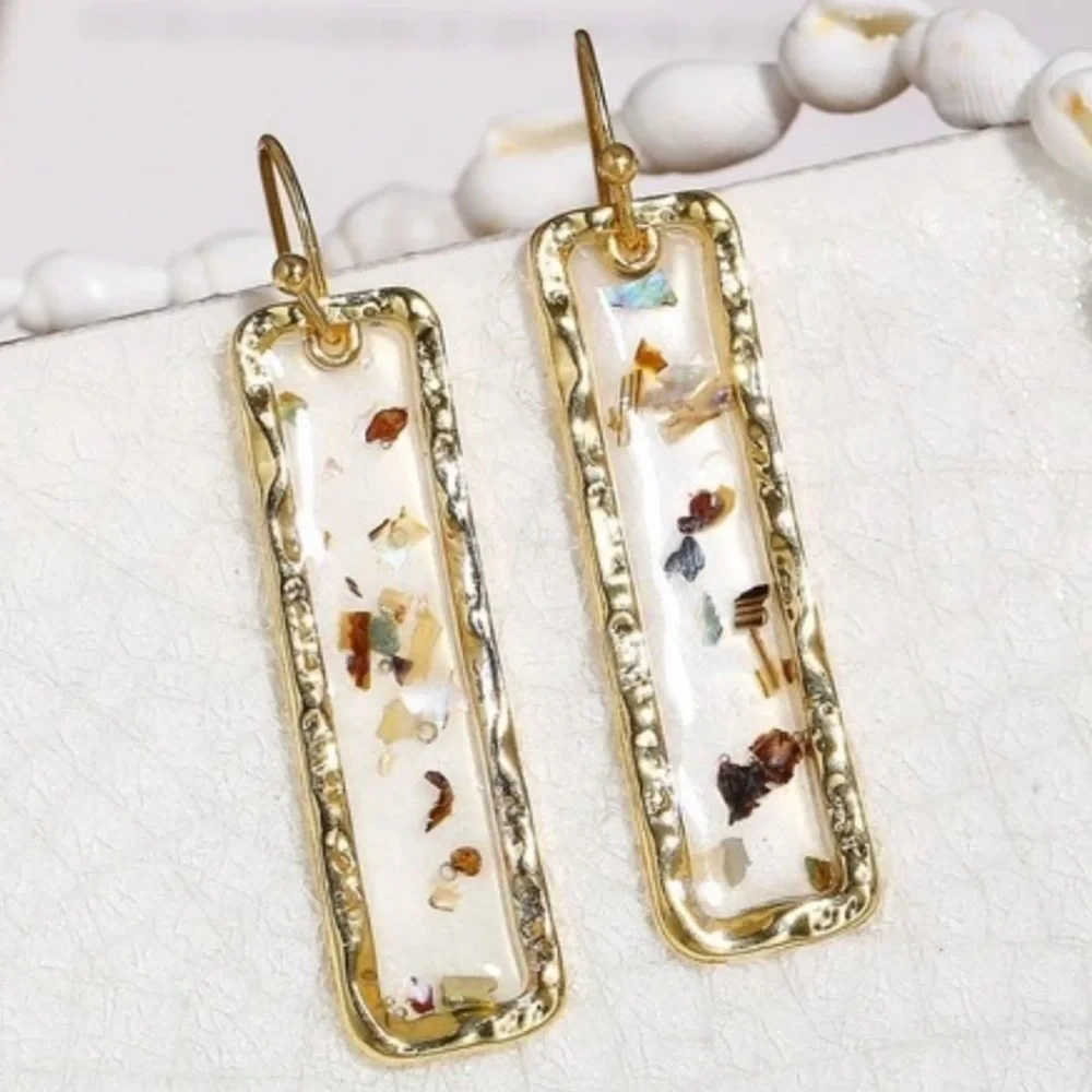 Gold Rectangle Glitter Speckle Clear Drop Earrings