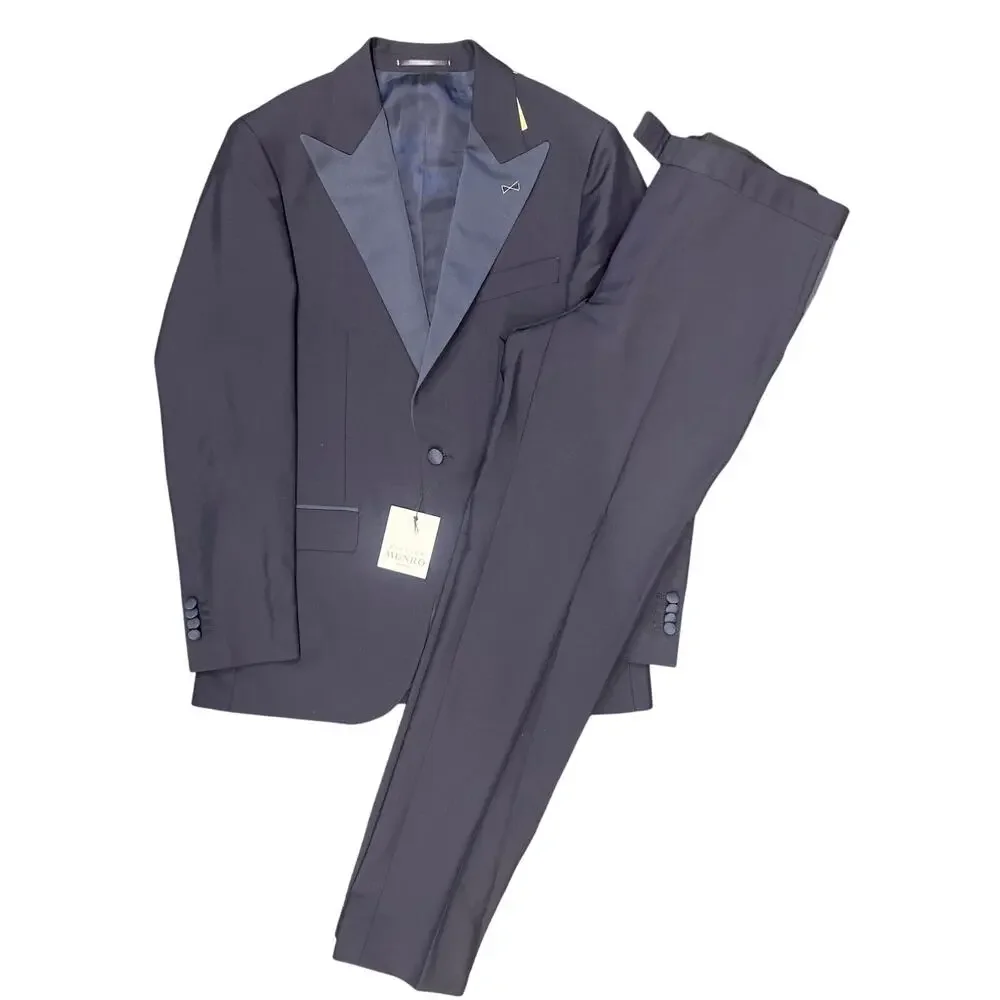 $995 New 2 PC Mens Suit Atelier munro sz38 us navy blue tuxedo satin lapel