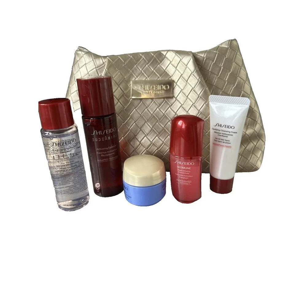 NEW Gold Shiseido Cosmetics Pouch With 5 Deluxe Minis Moisturizer,Essence