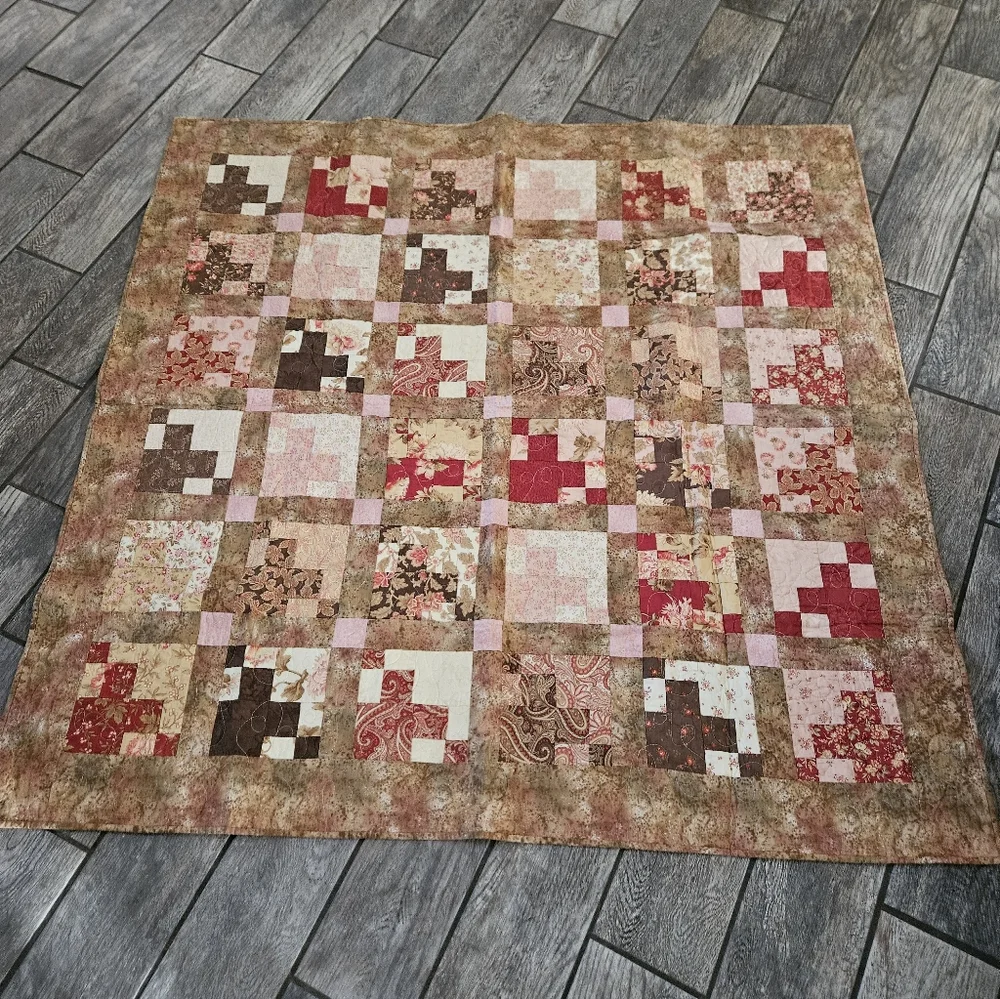 Handmade Patchwork Throw Quilt in Red, Pink, Brown Floral Throw Size 54