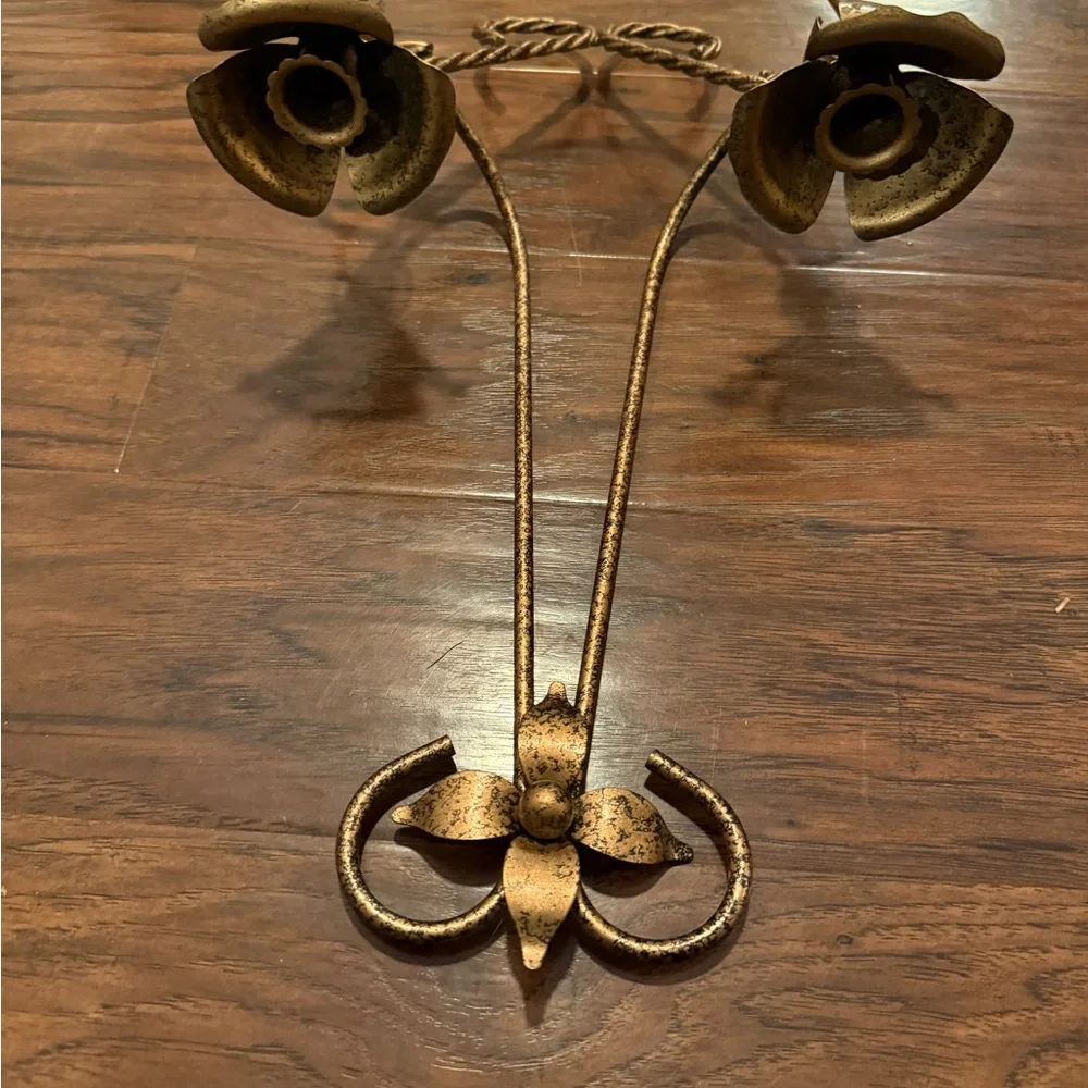 Vintage Double Wall Sconce Metal Candle Holder Italian Tole Rose Flower