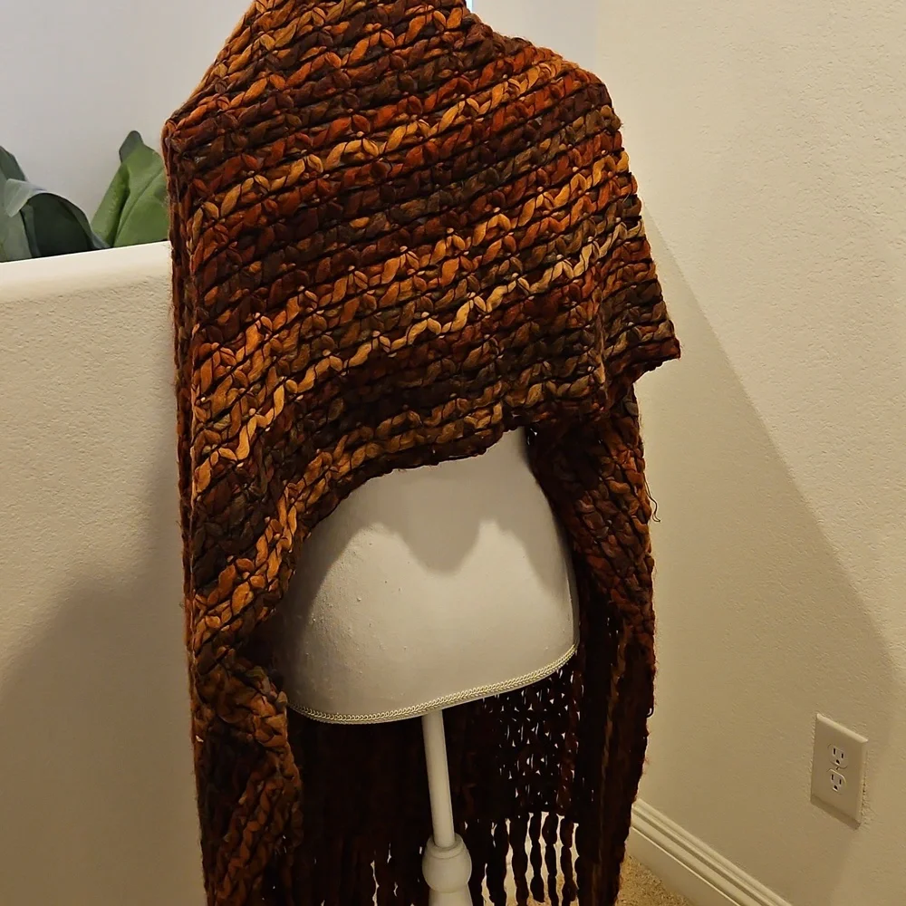 Helwn Welsh Italian Multicolor woven Orange Multicolor Fringe Shawl Scarf