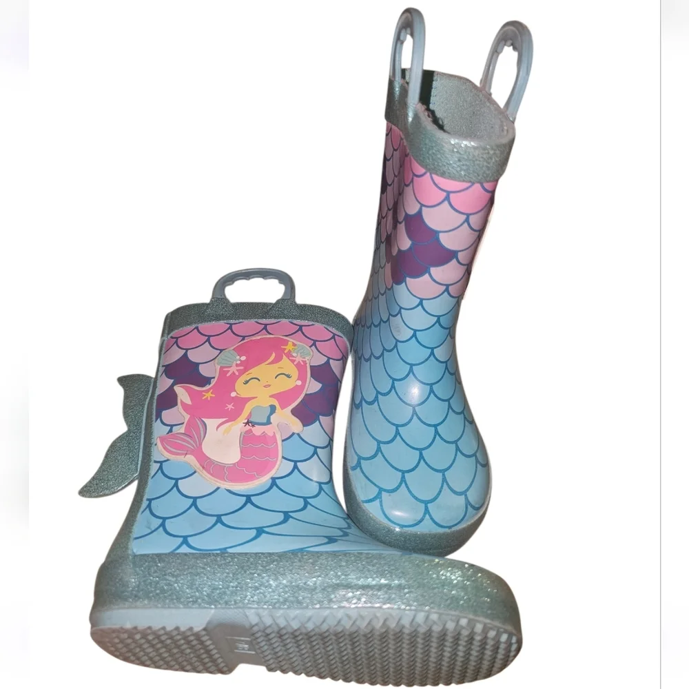 Members Mark Girls Mermaid Rain Boots - Pink & Blue Mermaid Scale Print