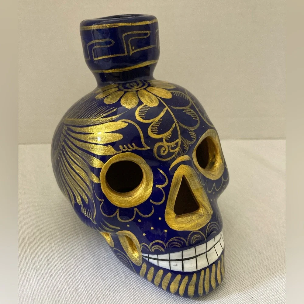 Blue & Gold Ceramic Sugar Skull Vase | Day of the Dead Decor | Hand Painted