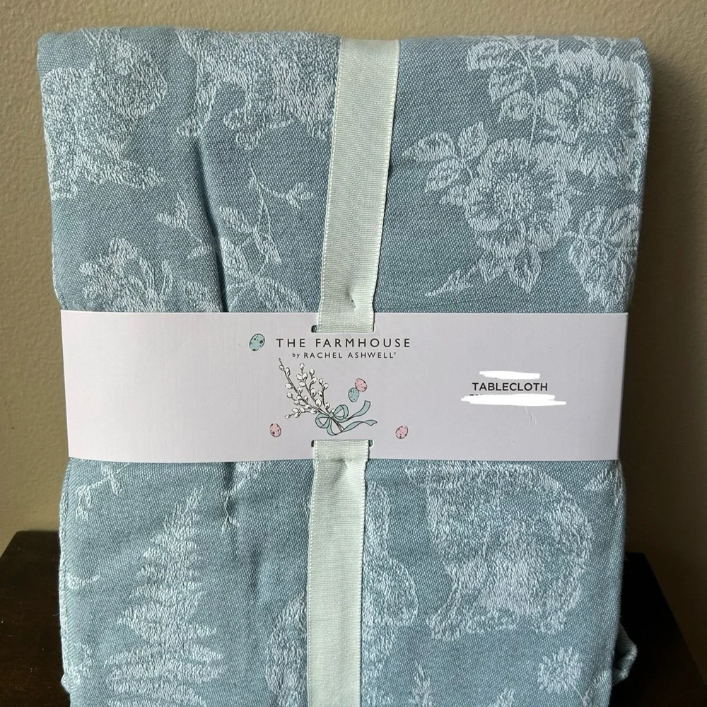 Rachel Ashwell Tablecloth New Easter Blue Bunny Floral Jacquard 70” Round Cotton