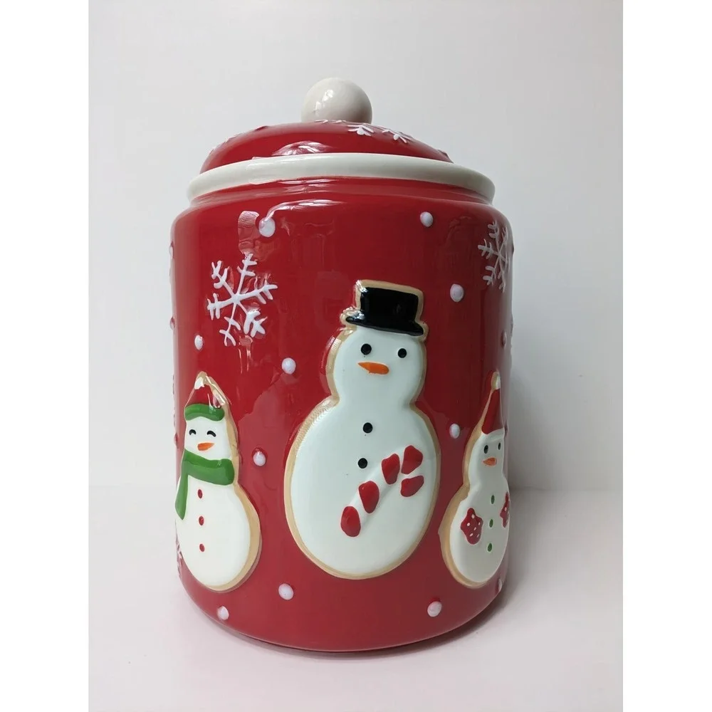 Hallmark Christmas Red Cookie Jar Canister 3 Snowmen Snowflakes 9