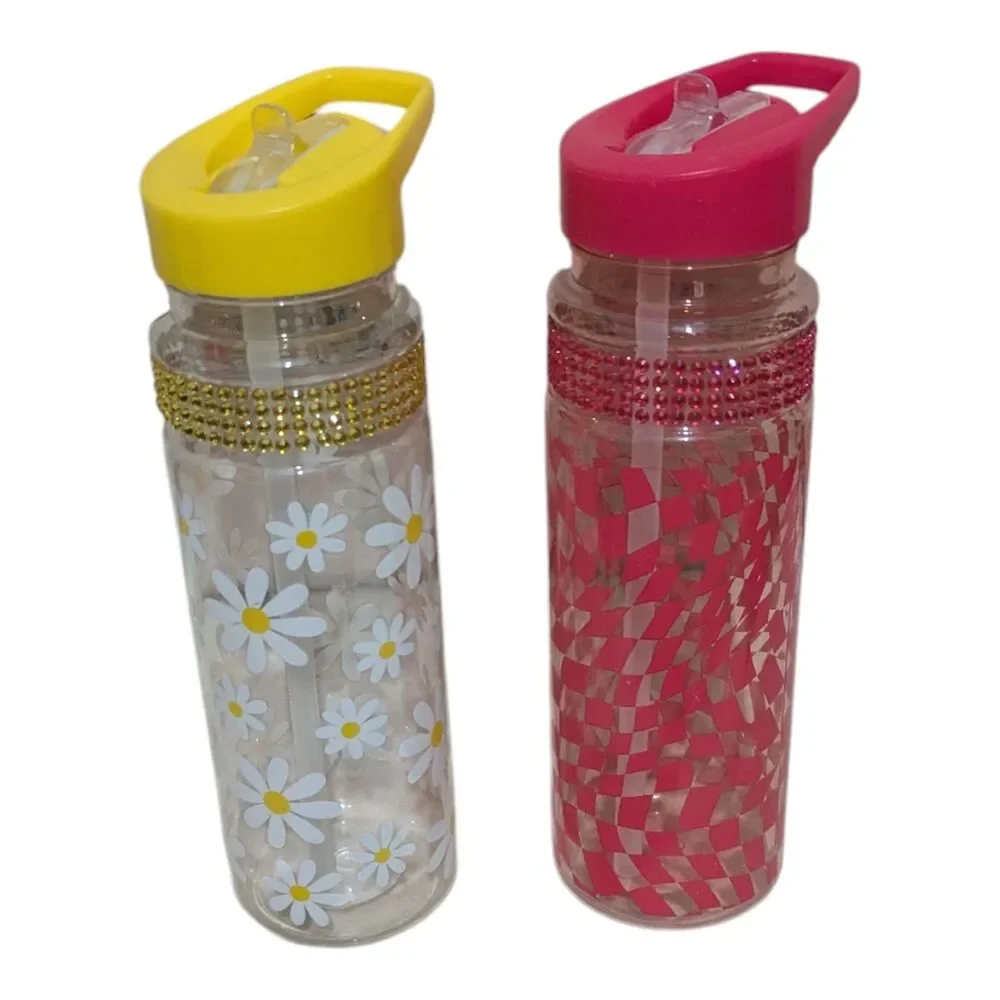 Set of 2 Cute Aesthetic Water Bottles Daisy Floral Pink Checkered 20 oz Flip Top