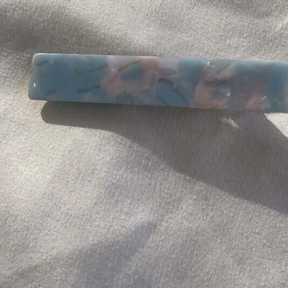 Vintage Women’s Blue Pink Flower Acetate Hair Clip womens Bronze Gold Metal Clip