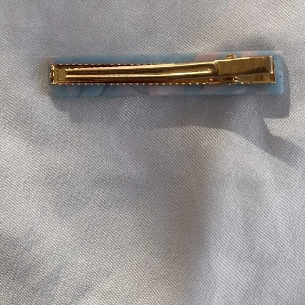 Vintage Women’s Blue Pink Flower Acetate Hair Clip womens Bronze Gold Metal Clip